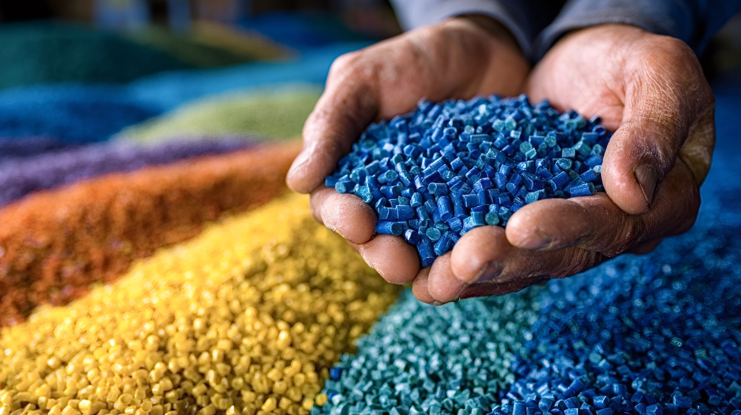 Hands holding a pile of colored virgin polymer resin pellets