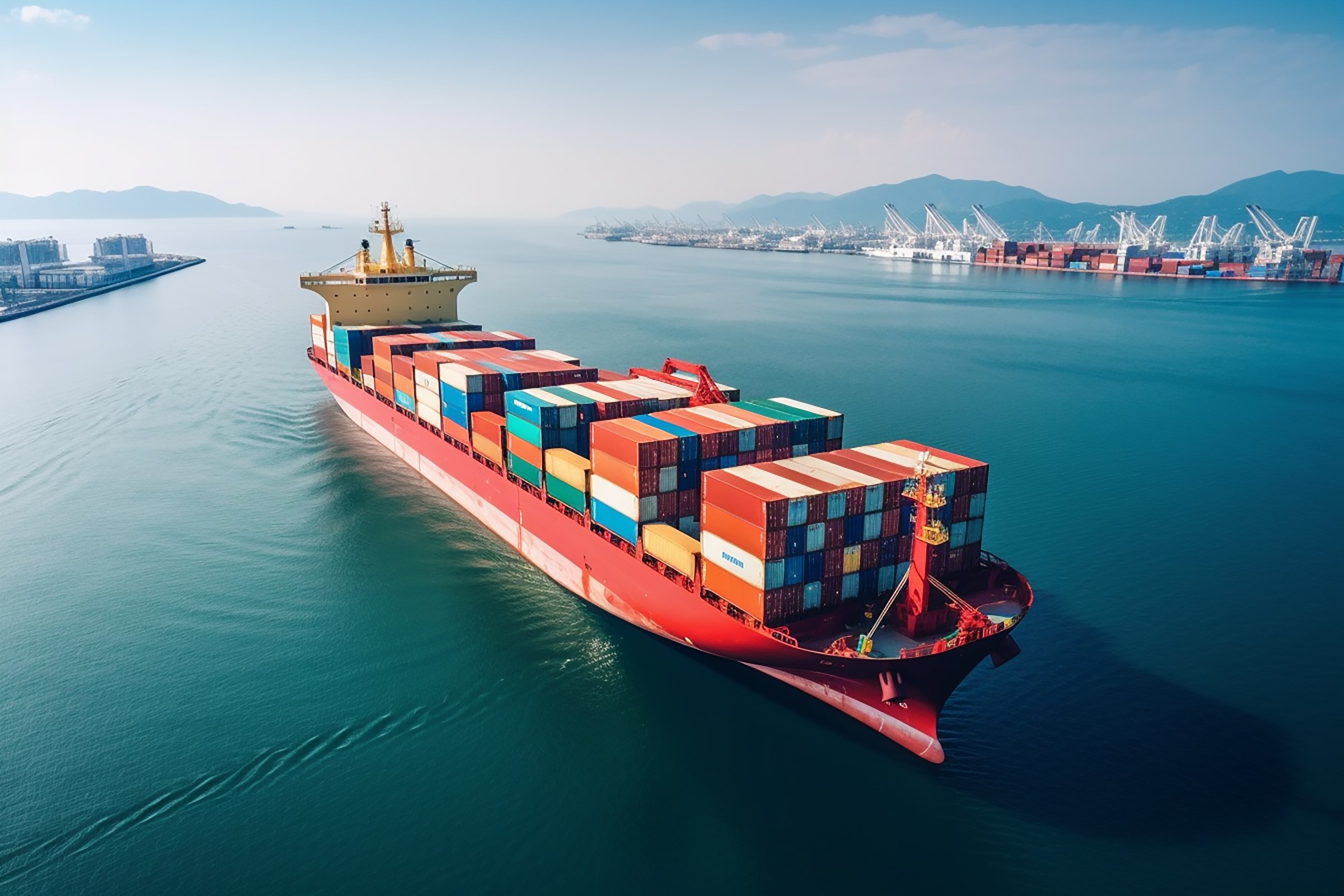 Container ship loaded with cargo arriving at port