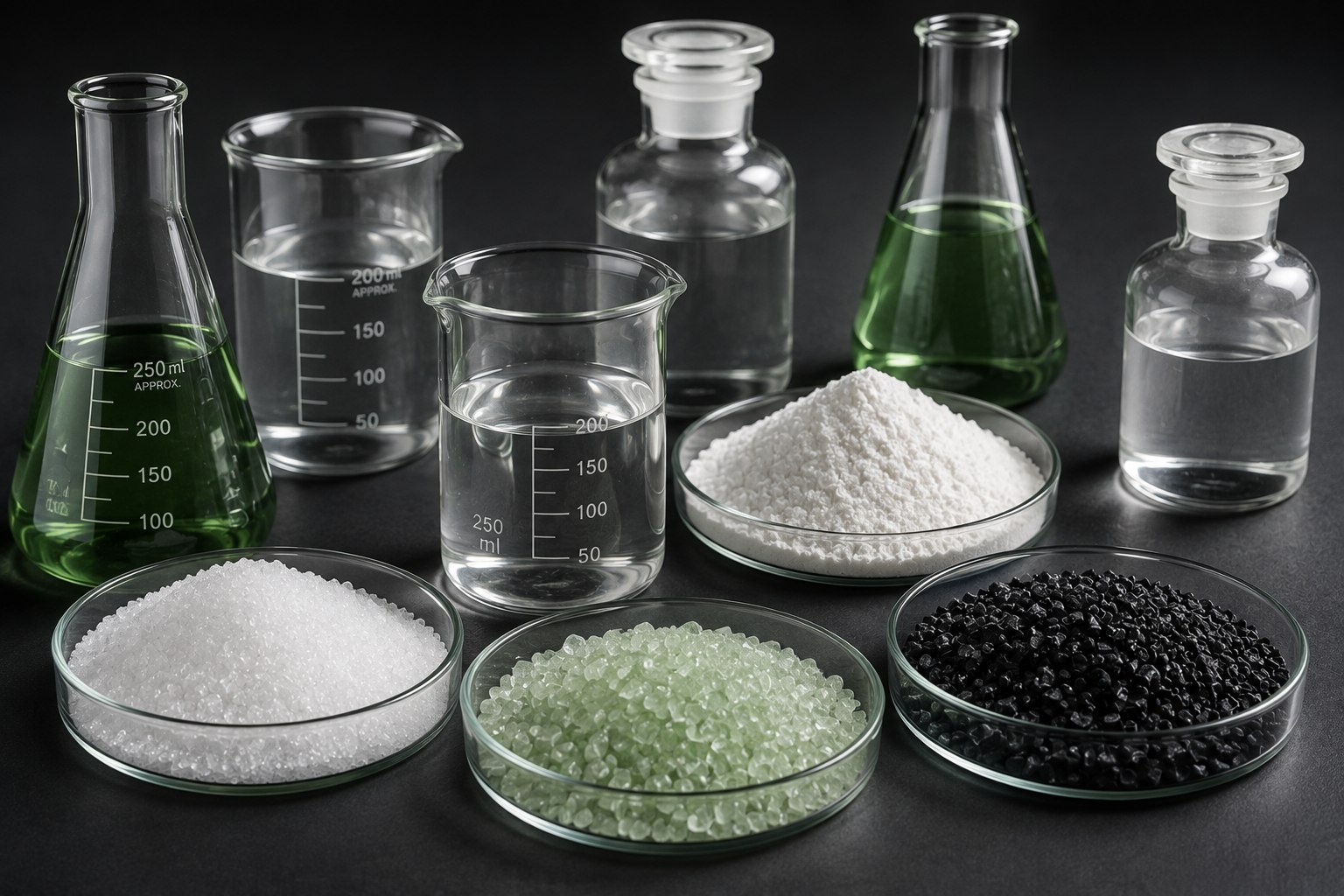 Laboratory glassware and polymer resin pellets in petri dishes