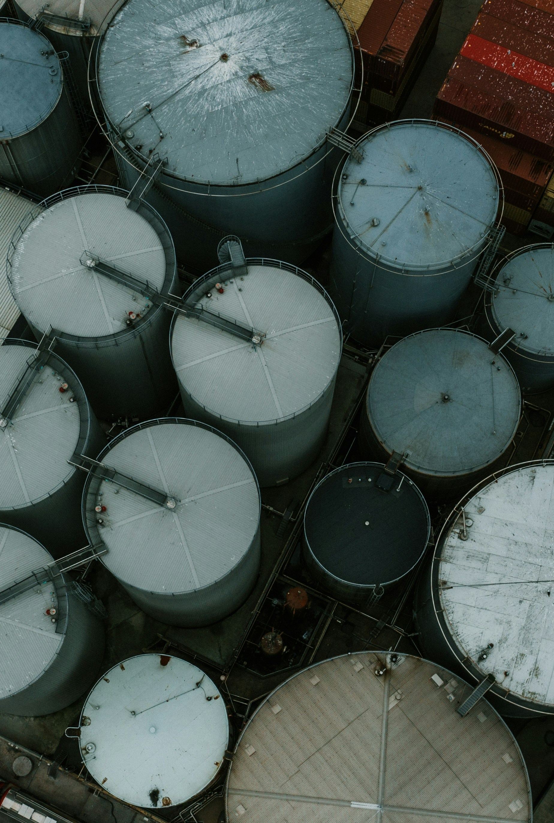 Aerial view of storage tanks and distribution yard